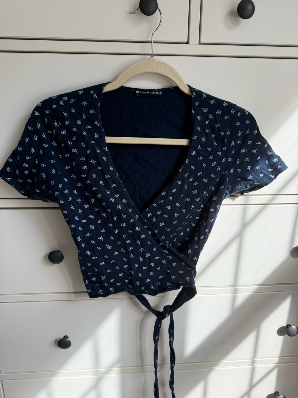 Brandy Melville Navy Blue Floral wrap tie Crop Top